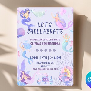 EDITABLE Mermaid Birthday Invitation, Let's Shellabrate, Size 5x7, Canva Template, Printable, Instant Download