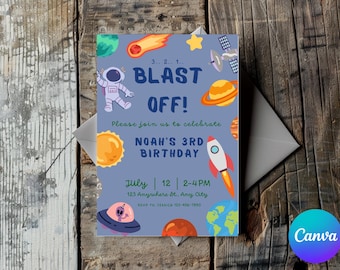 EDITIERBARE Weltraum Geburtstagseinladung, Planeten, Astronaut, Blast Off, Raketenschiff, Galaxie, Canva Vorlage, Größe 5x7, Sofort Download