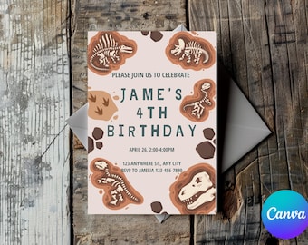 EDITABLE Dinosaur Fossil Birthday Invitation, Paleontologist, Dinosaur Dig, Size 5x7, Canva Template, Printable, Instant Download