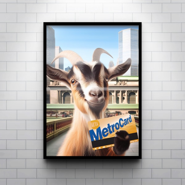 NY Goat Metrocard Art Print, Goat with NYC Subway Card, New York Illustration, Wall Art, Bedroom Decor, Living Room Poster, Unframed Print