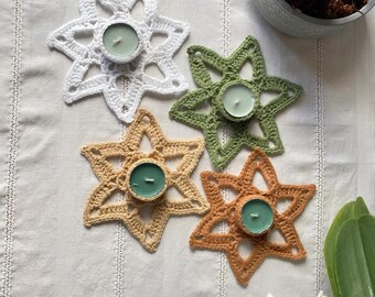 Handmade Crochet Star Tealight Holders, Custom Color 3-Pack