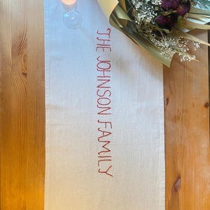 Custom Family Name Embroidered Linen Table Runner, Farmhouse Decor