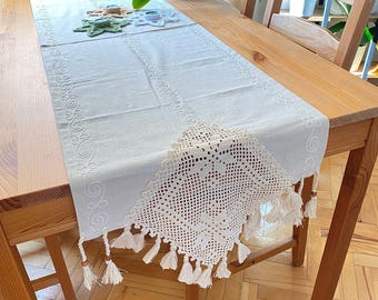 Natural Linen Table Runner with Lace, Luxury, Handmade, Rustic 100% Pure Linen