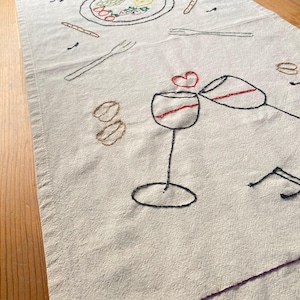 Hand-Embroidered Linen Table Runner, Romantic Wine & Cheese Design