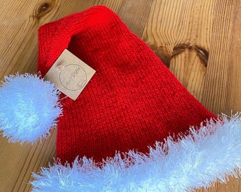 Hand-knitted Santa Hat, Red Christmas Beanie with Pom Pom