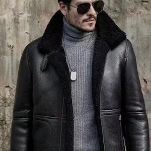 Herren Aviator Pilot B3 Echte Shearling Schaffell Leder Bomberjacke Fliegen Mantel