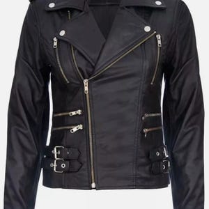 Women&#39;s Black Retro 100% Nappa Real Leather Biker Jacket Soft Multi Zip Coat