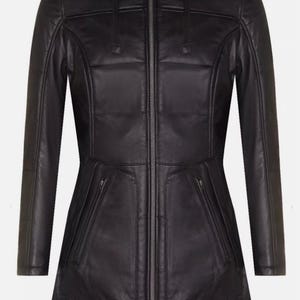 Women&#39;s Black Leather Puffer Jacket Quilted Detachable Hooded Trench Parka Coat