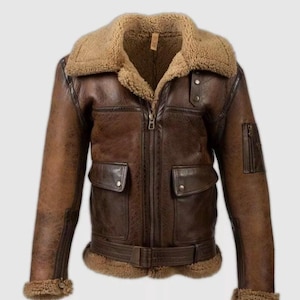 Men&#39;s Vintage Aviator Jacket| Men&#39;s Real Sheepskin Shearling Jacket| Luxury Men&#39;s Winter Leather Fur Jacket| Brown B3 Bomber Leather Jacket