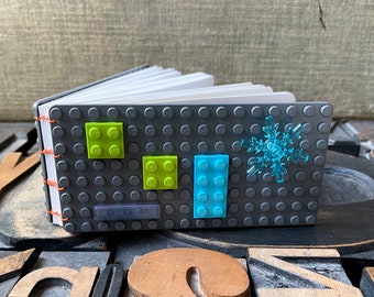 Mini Coptic Handbound Journal Made with LEGO® Building Bricks - Gray with snowflake