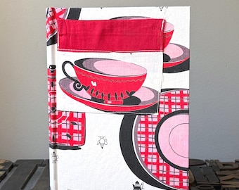 Recipe Journal Made from a Vintage 1950s Kitchen Themed Fabric Faeturing Teac Cups and Clocks