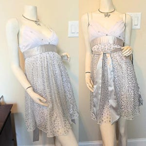 May include: A light gray dress with a white bodice and a silver ribbon belt. The skirt is adorned with a pattern of small silver dots. The dress has spaghetti straps and a matching silver ribbon tie.