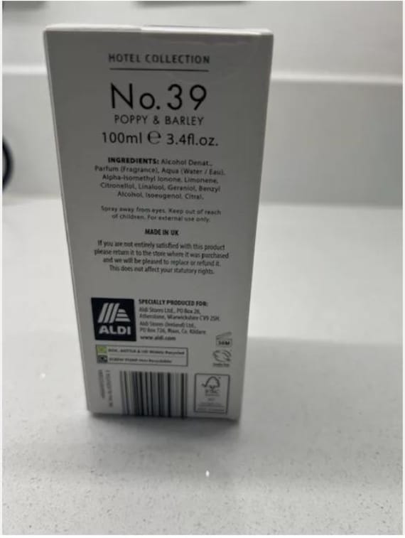 Aldi No39 Hotel Collection Perfume Poppy and Barley Perfume 100ml
