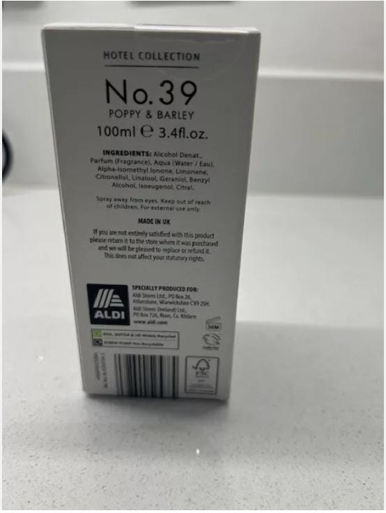 Aldi No39 Hotel Collection Perfume Poppy and Barley Perfume 100ml