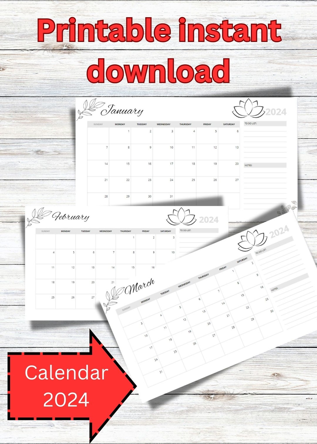 2024 Printable Calendar | Monthly Calendar | Digital Download Size ...