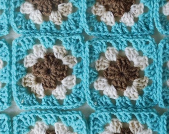 Granny Squares Medium Brown Cream Light Beige Aqua Trimmed