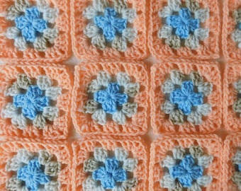 Granny Squares Light Blue Cream Light Beige Peach Trimmed