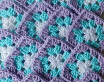 Granny Squares Aqua White Lavender Trimmed