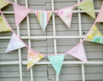 Long Shabby Chic Bunting Feat. Reproduction Prints, Ready 2 Ship Photography Prop,  15 Fabric Flags, Pastels, Floral. Weddings and Parties.