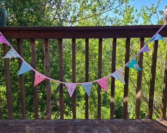 As Shown, One available. Shabby Chic Bunting,  12 Fabric Pennant Flags, Medium Flags, Pink and Blue Party Decor, Photo Prop.