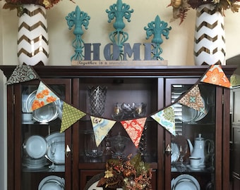 Harvest, Fall Colors Bunting, Flag Banner.  Thanksgiving Flags, Garland, Holiday Decoration. Brown, Green, Orange, Gold, Aqua.