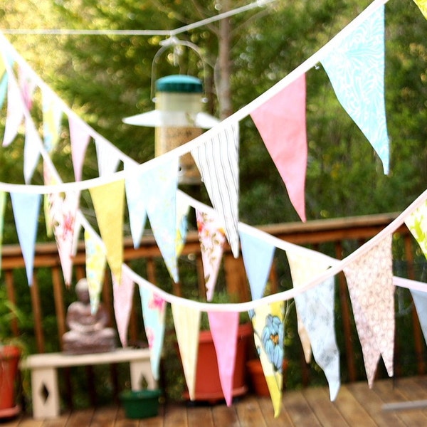 Wedding Bunting, Long Flag Pennant Banner, Event Decor, Photo Prop, 40 feet, Cotton Fabrics in a Mix of Designer's Choice Prints. Birthday.