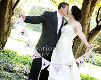 Flag Banner, Reversible Thank You & LOVE Bunting, Photo Prop and Wedding Decoration in Sweet Vintage Toned Fabric Pennants..