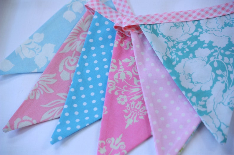 Designer/'s Choice Fabric Pennant Flags Surprise Pink and Blue Party Decor Shabby Chic Bunting Medium Flags Photo Prop.