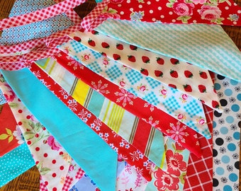 Bright Red and Aqua Bunting, Shabby Chic Theme 9 Fabric Flag Banner.  Designer's Choice, Similar to As Shown, Ready 2 Ship.Red Gingham Trim.