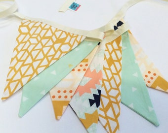 On Sale Arizona Fabric Bunting Flag Banner, Garland Bunting. 7 Flags in Mint, Apricot, boho chic Wedding, Birthday, Showers. Gender Neutral.