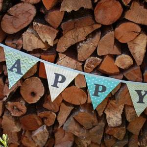 Party Bunting, Happy Birthday Banner Flags. Gender Neutral Garland Decoration. Blue & Yellow. Reversible. Ready to Ship, Similar To Shown image 3