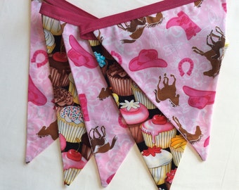 Girl Party Decoration Cupcakes and Pink Western Rodeo Theme Fabric Bunting Banner, Photo Prop, Party Lg Flags, As Shown. Birthday, Kids Room