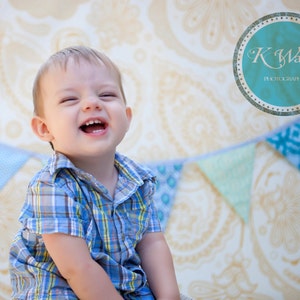 Half Price, Boy Fabric Bunting Photo Prop, Party Flags in Light Blues with Brown and Green Accents. Designer's Choice Cotton Fabric Bunting. Bild 3