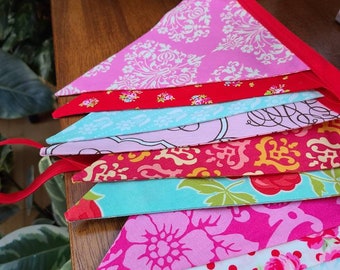 Red, Aqua, Pink Bunting, Carnival Theme Fabric Flag Banner.  Designer's Choice Featuring Yellow, Aqua, Red, Pink...