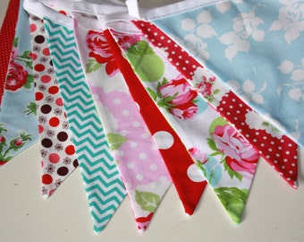 Bunting Banner, Fabric Flag Garland in  Pinks and Reds, Teal.  Weddings, Photo Prop, Parties. Ready To Ship. Designer's Choice Garland.