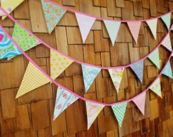 Super LONG Light Toned Vintage Bunting 28' Flag Banner. Wedding, Birthday Decor. Ready 2 Ship. Floral Shabby Chic Colorful Pennant Flags