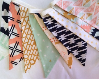 Arizona Fabric Bunting Flag Banner, Garland Bunting.  Mint, Apricot, Designer Fabrics, Weddings, Birthdays, Shower Decor