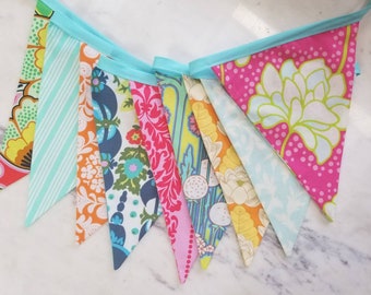 Custom Bright Flag Bunting Banner, Fabric Garland in Pink, Orange & Aqua. Designer's Choice 9 Large Flags. Photo Prop, Party Decor.