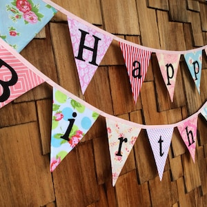 Happy Birthday Bunting, Shabby Chic, 2 Fabric Bunting Banners, Reversible Designer's Choice Banner, Party Flags. Pink, red, blue.