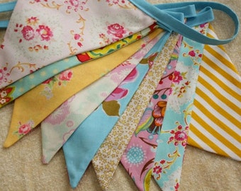 Shabby Chic Fabric Bunting, Pink, Yellow, Blue Photography Prop, Flags, Designer's Choice.  Also For Weddings and Parties.