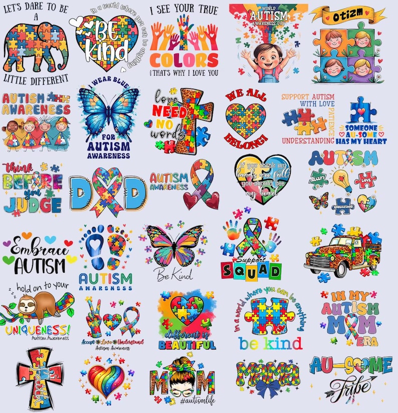 K&ouml;nnte beinhalten: Eine Sammlung von bunten T-Shirt-Designs mit Puzzlesteinen, Schmetterlingen, Herzen und anderen Symbolen im Zusammenhang mit dem Bewusstsein f&uuml;r Autismus. Die Designs beinhalten S&auml;tze wie "Lasst uns wagen, ein bisschen anders zu sein", "Ich trage Blau f&uuml;r das Bewusstsein f&uuml;r Autismus", "Liebe braucht keine Worte", "Wir geh&ouml;ren alle zusammen", "Unterst&uuml;tzt Autismus mit Liebe", "Denkt nach, bevor ihr urteilt", "Umarmt Autismus", "Bewusstsein f&uuml;r Autismus", "Seid freundlich", "Support Squad", "In meiner Autismus-Mama-&Auml;ra", "Au-Some Tribe" und "Anders ist sch&ouml;n".
