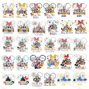 Pode incluir: Uma coleção de designs temáticos da Disney com Mickey Mouse, Minnie Mouse e outros personagens. Os designs incluem o texto "Disney Trip 2025" e "Disney Family Vacation". As imagens são coloridas e adequadas para vários produtos.