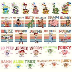 May include: A colorful graphic featuring characters from the Toy Story franchise. The design includes illustrations of Buzz Lightyear, Woody, Jessie, and others, along with their names. The background has retro stripes and the text "Toy Story".