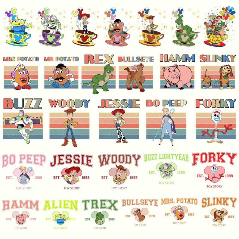 May include: A colorful graphic featuring characters from the Toy Story franchise. The design includes illustrations of Buzz Lightyear, Woody, Jessie, and others, along with their names. The background has retro stripes and the text "Toy Story".