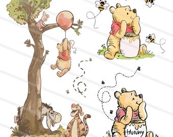 Paquete de imágenes prediseñadas PNG SVG clásicas de Winnie the Pooh, imprimibles, descarga digital instantánea para cumpleaños de niño, baby shower vintage de Pooh.