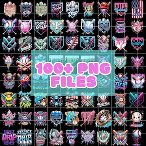 May include: A collection of baseball-themed PNG files with various designs, including baseballs, bats, and the text "Respect the Drip." The designs feature vibrant colors and dripping effects, with the text "100+ PNG FILES" in the center.