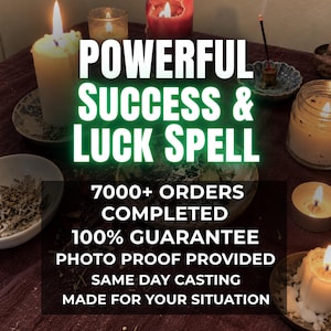 Puede incluir: Una colección de velas encendidas, una varilla de incienso con humo y pequeños cuencos con hierbas secas. El texto dice: POWERFUL SUCCESS & LUCK SPELL, 7000+ ORDERS COMPLETED, 100% GUARANTEE, PHOTO PROOF PROVIDED, SAME DAY CASTING, MADE FOR YOUR SITUATION.