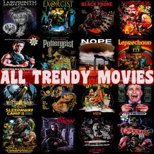Op de afbeelding: Een collage van filmposters met horror- en thrillerfilms. De posters bevatten titels zoals "The Exorcist", "Poltergeist", "Leprechaun", "Sleepaway Camp II", "The Crow" en "Evil Dead 2". De tekst "ALL TRENDY MOVIES" wordt in grote, vetgedrukte letters in het midden van de afbeelding weergegeven.