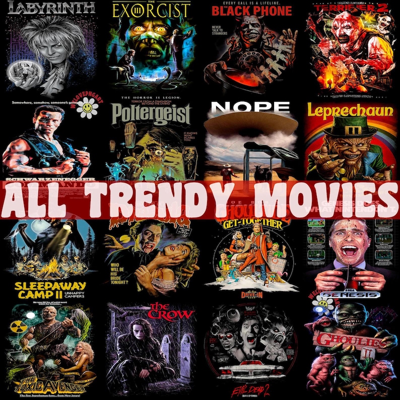 Op de afbeelding: Een collage van filmposters met horror- en thrillerfilms. De posters bevatten titels zoals "The Exorcist", "Poltergeist", "Leprechaun", "Sleepaway Camp II", "The Crow" en "Evil Dead 2". De tekst "ALL TRENDY MOVIES" wordt in grote, vetgedrukte letters in het midden van de afbeelding weergegeven.