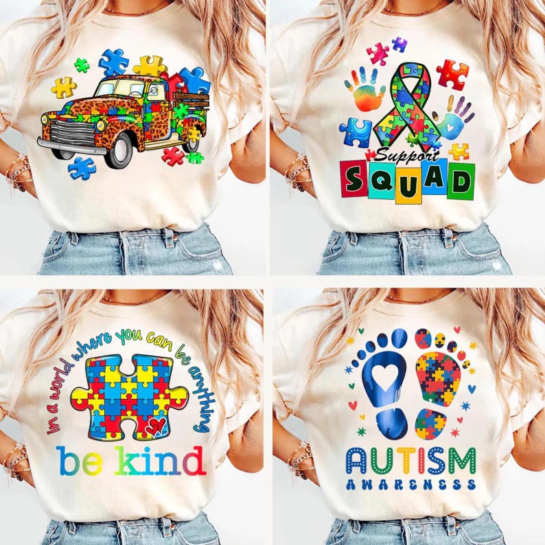 K&ouml;nnte beinhalten: Vier verschiedene Designs von T-Shirts mit Autismus-Bewusstseins-Motiven. Das erste Shirt zeigt einen LKW mit einem Puzzle-Design und den Worten "In einer Welt, in der du alles sein kannst, sei freundlich". Das zweite Shirt zeigt ein Puzzle-Band mit Handabdr&uuml;cken und den Worten "Support Squad". Das dritte Shirt zeigt einen blauen Fu&szlig;abdruck mit einem Puzzle und den Worten "Autismus-Bewusstsein". Das vierte Shirt zeigt ein Puzzle mit den Worten "In einer Welt, in der du alles sein kannst, sei freundlich".